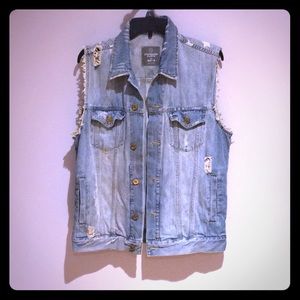 Denim Vest With American Flag Print On Back
